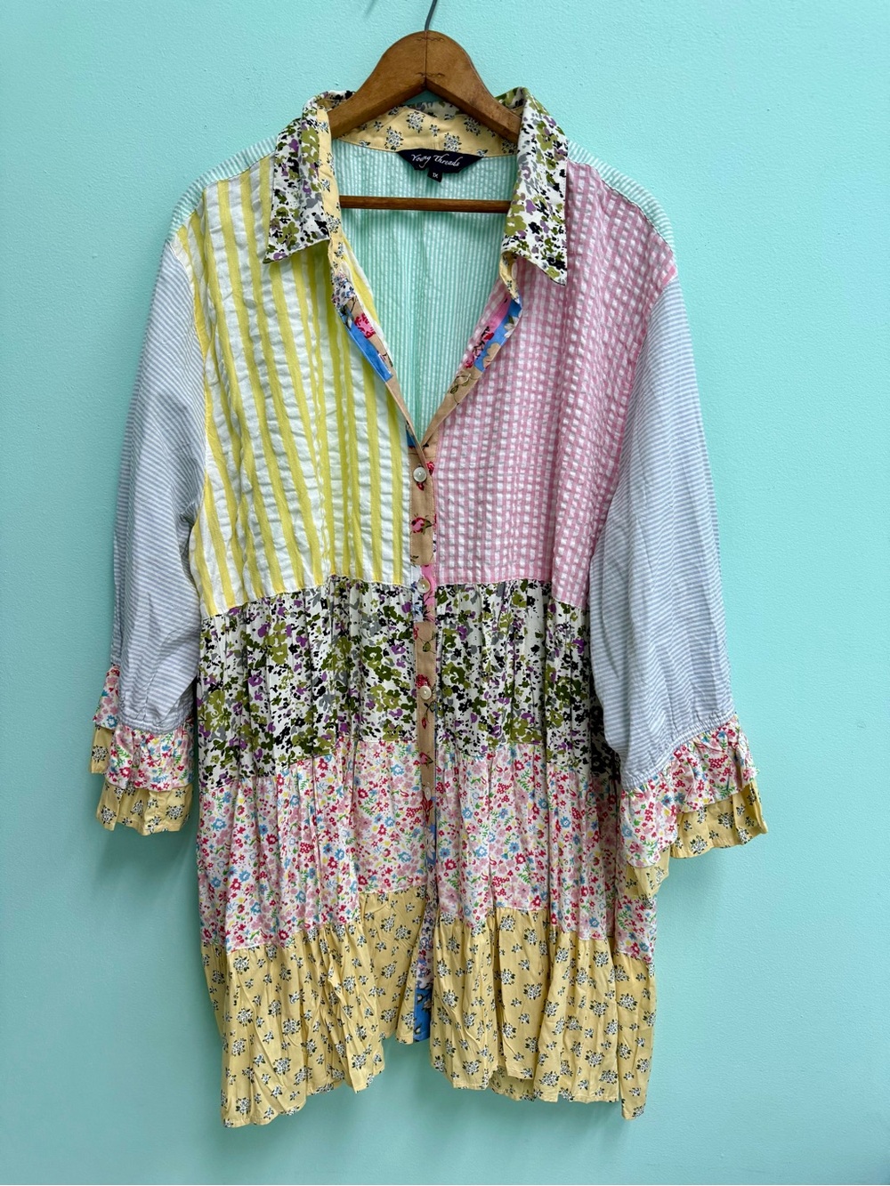 Boho Patchwork Tunic Shirt Dress in Yellow, Pink, Green and White